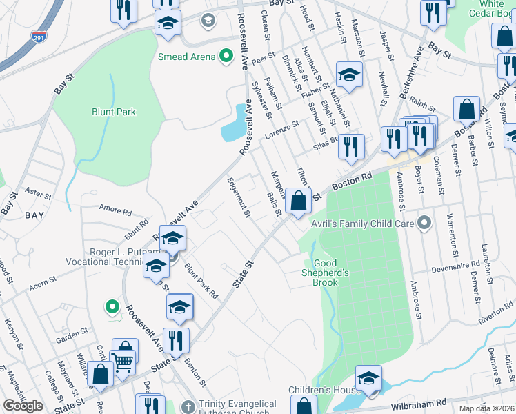 map of restaurants, bars, coffee shops, grocery stores, and more near 26 Eldert Street in Springfield