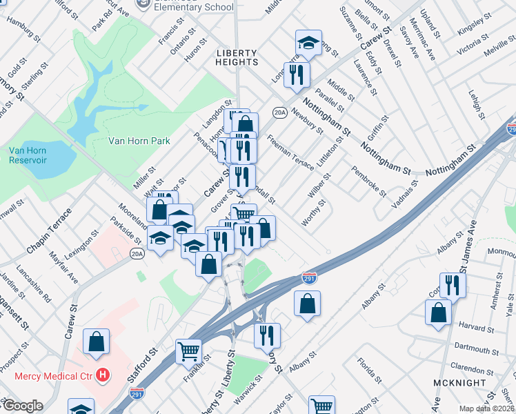 map of restaurants, bars, coffee shops, grocery stores, and more near 32 Phoenix Street in Springfield