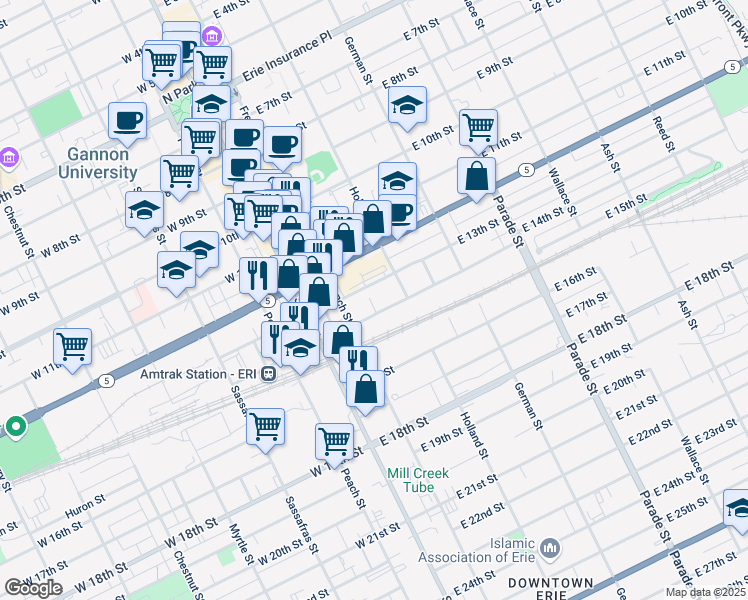 map of restaurants, bars, coffee shops, grocery stores, and more near 310 Lovell Place in Erie