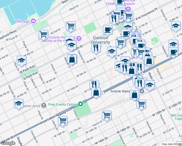 map of restaurants, bars, coffee shops, grocery stores, and more near 911 Chestnut Street in Erie