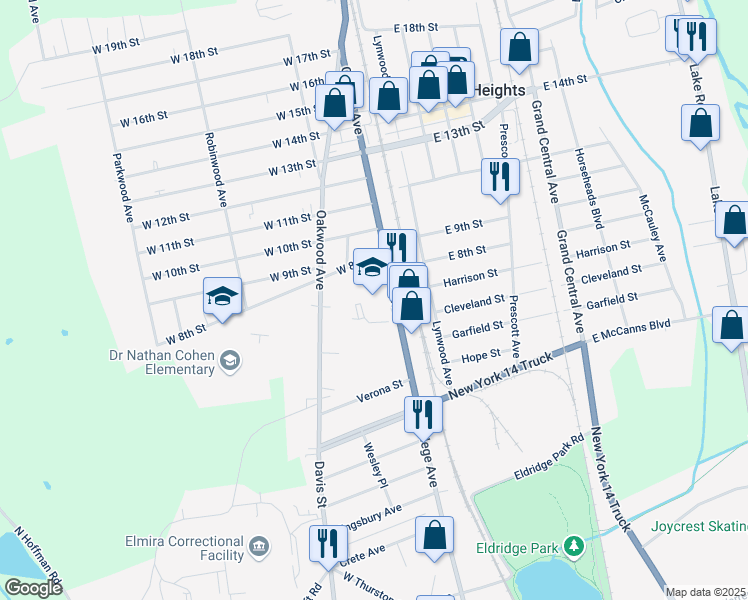 map of restaurants, bars, coffee shops, grocery stores, and more near 2083 College Avenue in Elmira Heights
