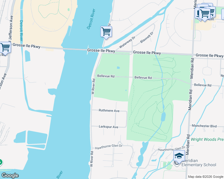 map of restaurants, bars, coffee shops, grocery stores, and more near 25800 Dreschfield Avenue in Grosse Ile Township