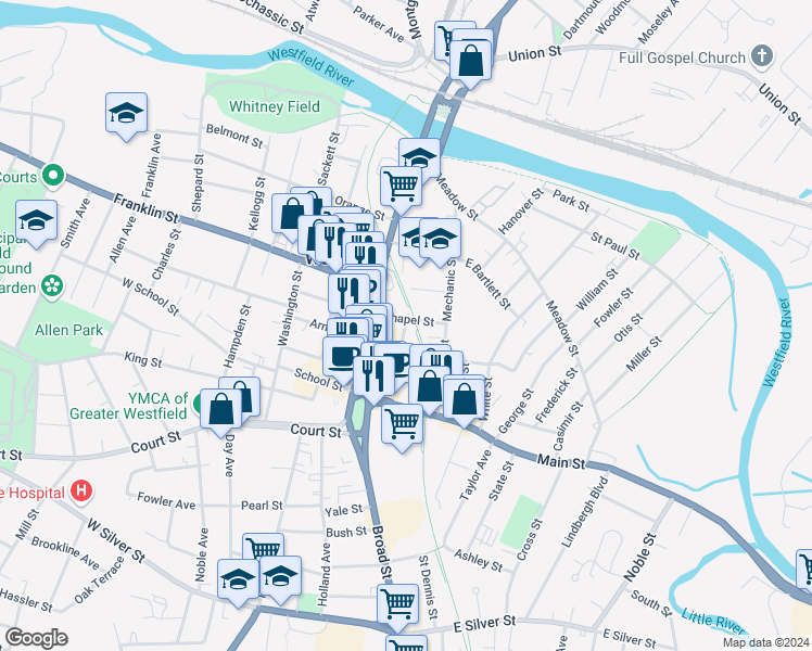 map of restaurants, bars, coffee shops, grocery stores, and more near 19 Monroe Street in Westfield