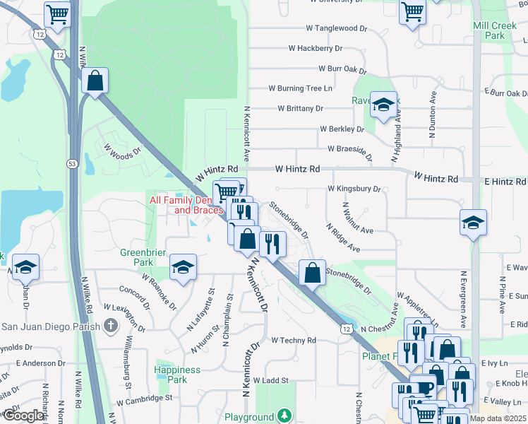 map of restaurants, bars, coffee shops, grocery stores, and more near 900 West Rand Road in Arlington Heights