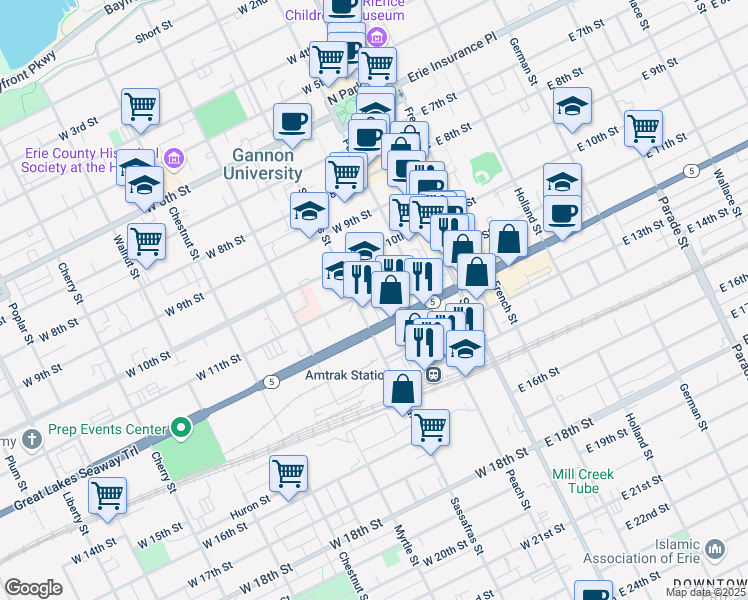 map of restaurants, bars, coffee shops, grocery stores, and more near 145 West 11th Street in Erie
