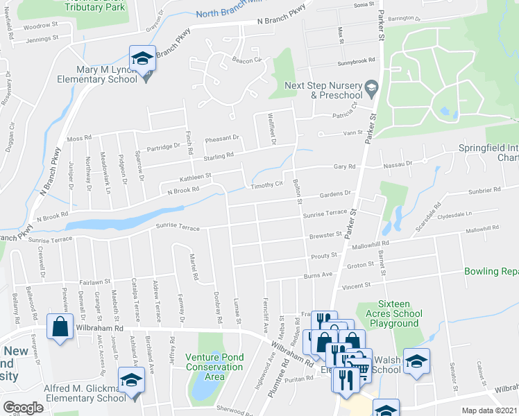 map of restaurants, bars, coffee shops, grocery stores, and more near 165 Gardens Drive in Springfield