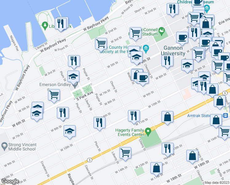 map of restaurants, bars, coffee shops, grocery stores, and more near 710 Cherry Street in Erie