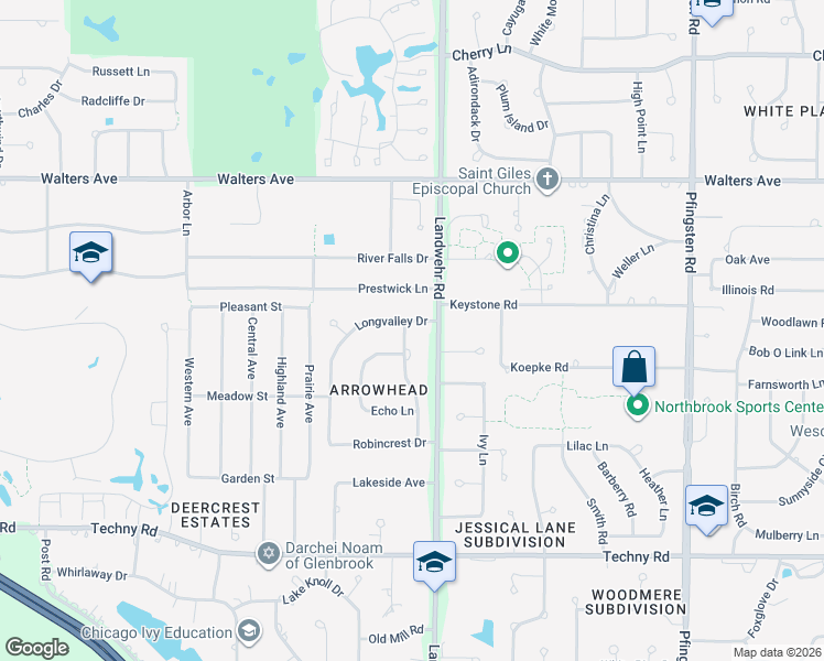 map of restaurants, bars, coffee shops, grocery stores, and more near 1629 Longvalley Drive in Northbrook