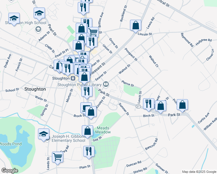 map of restaurants, bars, coffee shops, grocery stores, and more near 101 Walnut Street in Stoughton