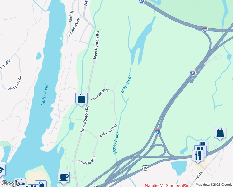 map of restaurants, bars, coffee shops, grocery stores, and more near 28 Audubon Way in Sturbridge