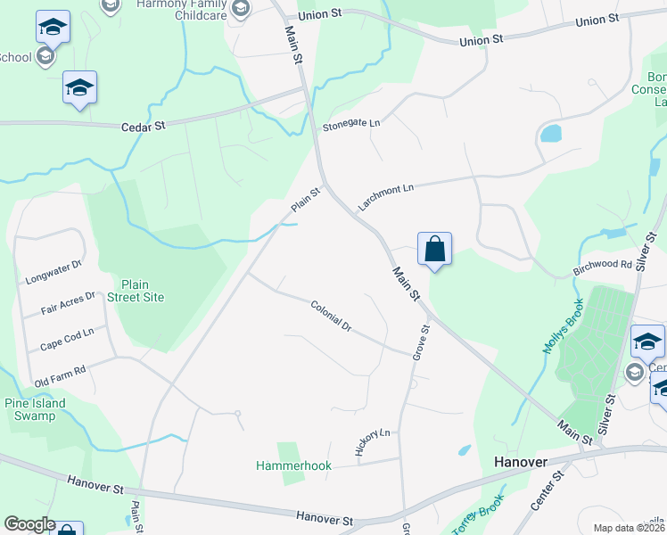 map of restaurants, bars, coffee shops, grocery stores, and more near 108 Mayflower Circle in Hanover