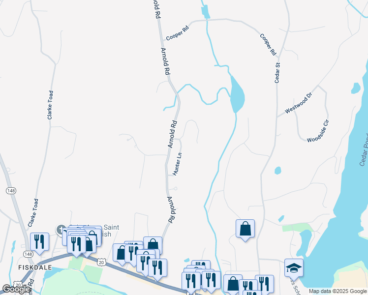 map of restaurants, bars, coffee shops, grocery stores, and more near 16 Hunter Lane in Sturbridge