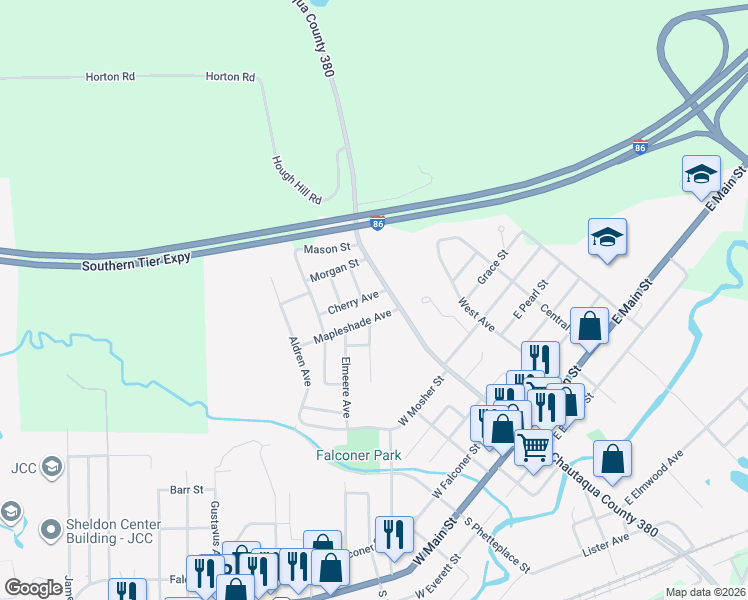 map of restaurants, bars, coffee shops, grocery stores, and more near 26 Cherry Avenue in Falconer