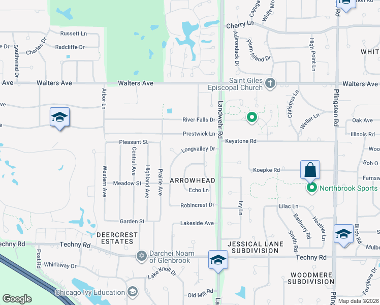 map of restaurants, bars, coffee shops, grocery stores, and more near 1649 Longvalley Drive in Northbrook