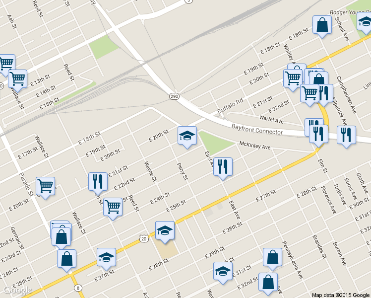map of restaurants, bars, coffee shops, grocery stores, and more near 938 East 22nd Street in Erie