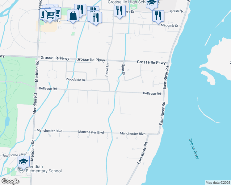 map of restaurants, bars, coffee shops, grocery stores, and more near 8221 Bellevue Road in Grosse Ile Township
