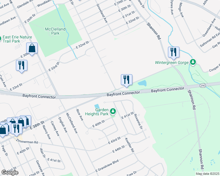 map of restaurants, bars, coffee shops, grocery stores, and more near 2640 East 38th Street in Erie