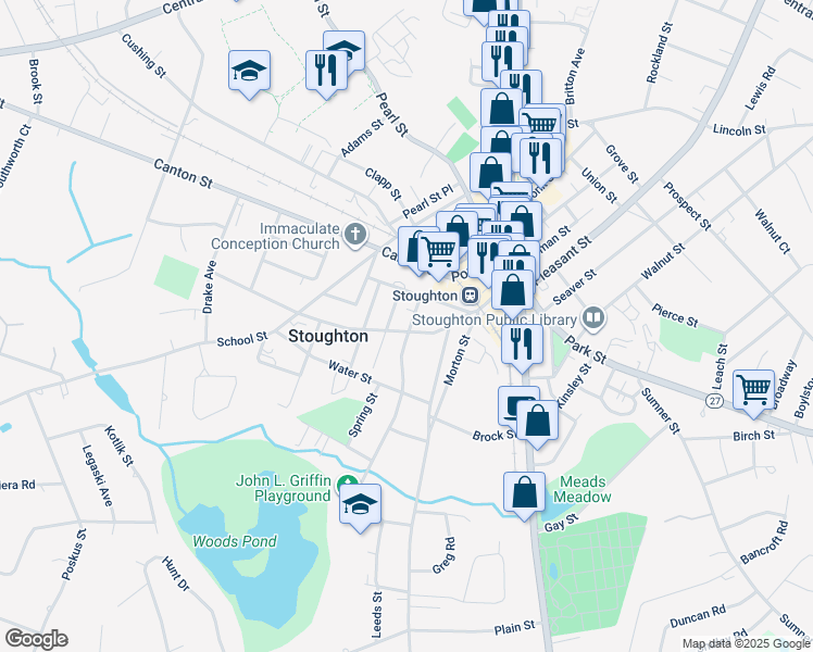 map of restaurants, bars, coffee shops, grocery stores, and more near 33 Summer Avenue in Stoughton