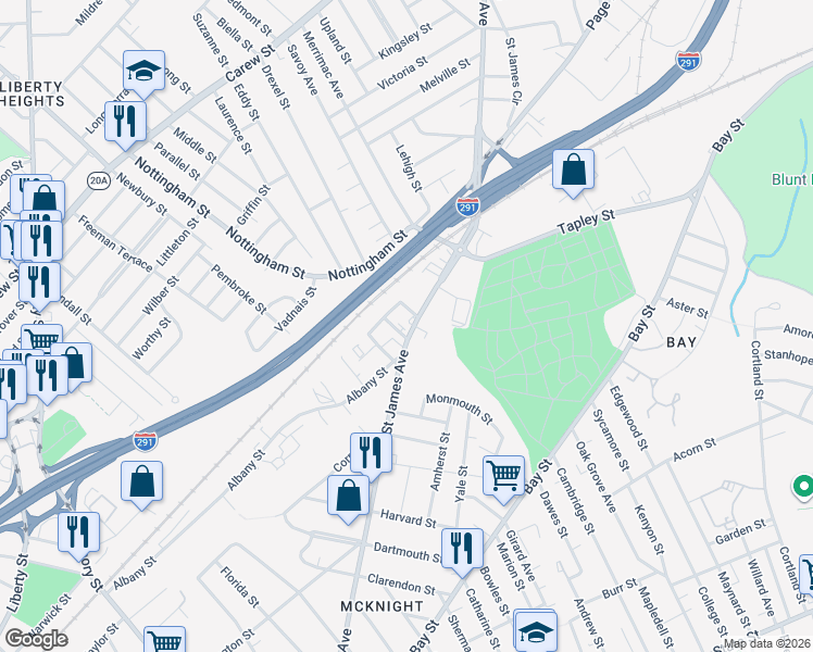 map of restaurants, bars, coffee shops, grocery stores, and more near 504 Saint James Avenue in Springfield