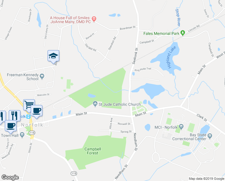 map of restaurants, bars, coffee shops, grocery stores, and more near 35 Seekonk Street in Norfolk