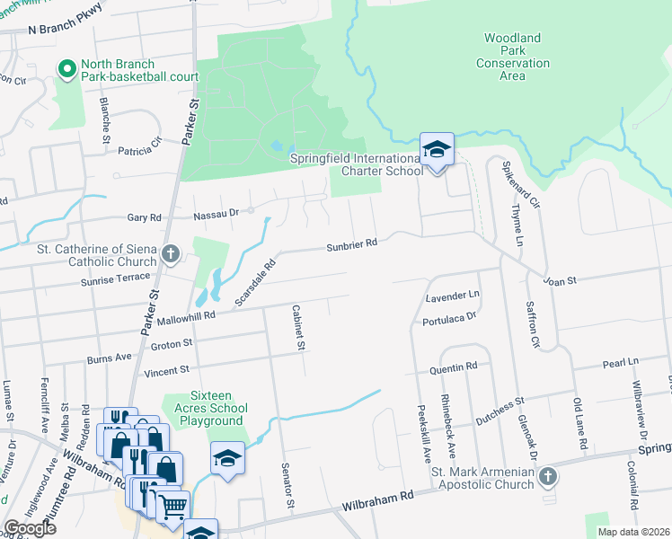map of restaurants, bars, coffee shops, grocery stores, and more near 112 Clydesdale Lane in Springfield