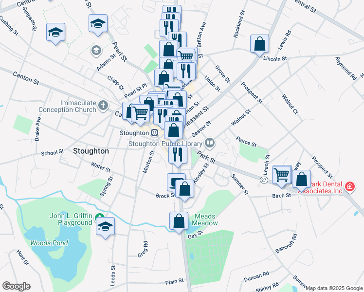 map of restaurants, bars, coffee shops, grocery stores, and more near 824 Washington Street in Stoughton