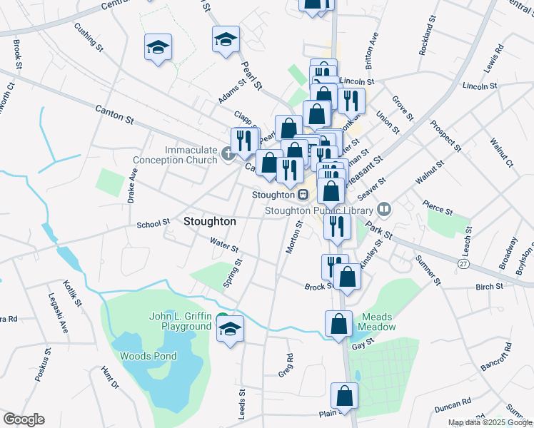 map of restaurants, bars, coffee shops, grocery stores, and more near 33 Summer Avenue in Stoughton