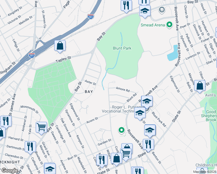 map of restaurants, bars, coffee shops, grocery stores, and more near 293 Cortland Street in Springfield