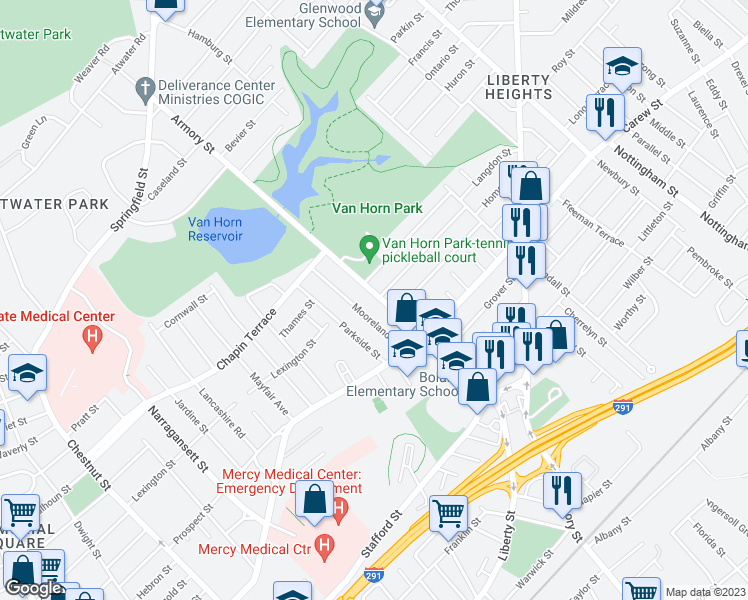 map of restaurants, bars, coffee shops, grocery stores, and more near 65 Mooreland Street in Springfield