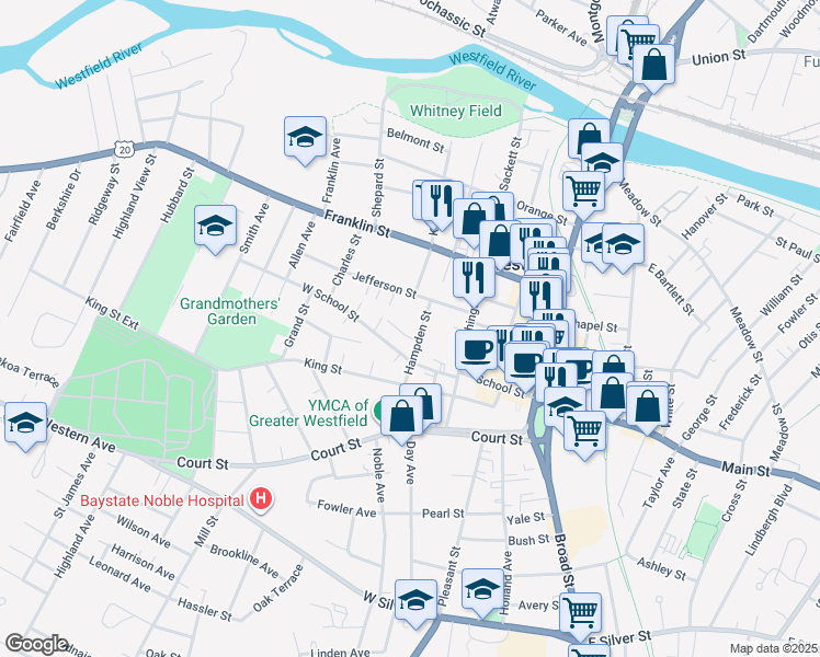 map of restaurants, bars, coffee shops, grocery stores, and more near 9 West School Street in Westfield