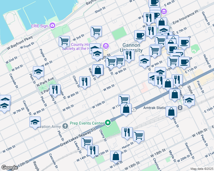 map of restaurants, bars, coffee shops, grocery stores, and more near 454 West 9th Street in Erie