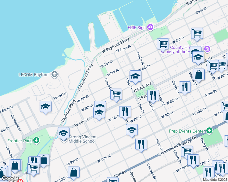 map of restaurants, bars, coffee shops, grocery stores, and more near 951 West 5th Street in Erie