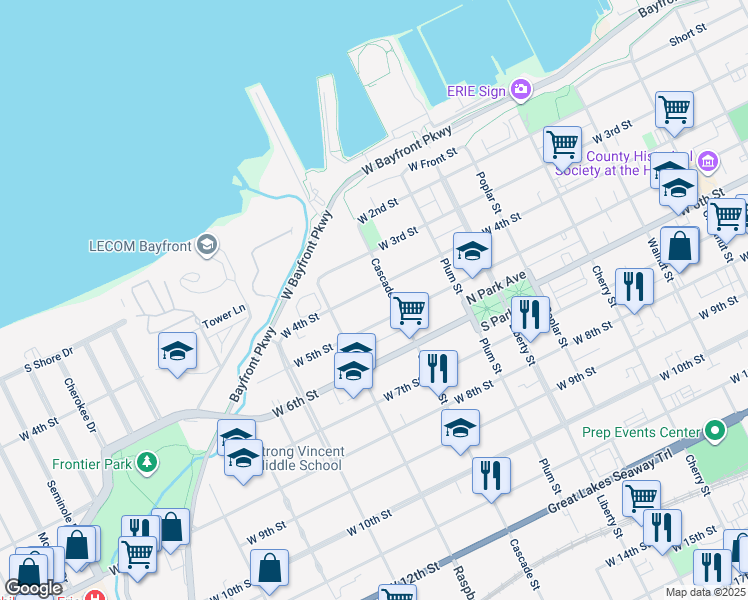 map of restaurants, bars, coffee shops, grocery stores, and more near 418 Cascade Street in Erie