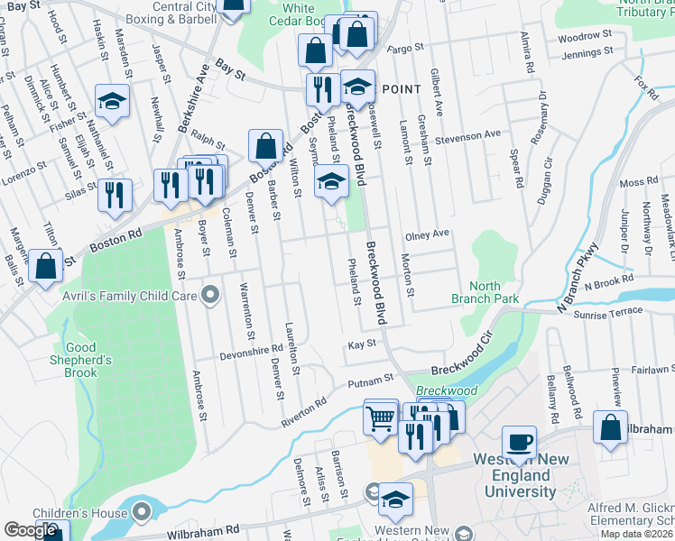 map of restaurants, bars, coffee shops, grocery stores, and more near 220 Pheland Street in Springfield