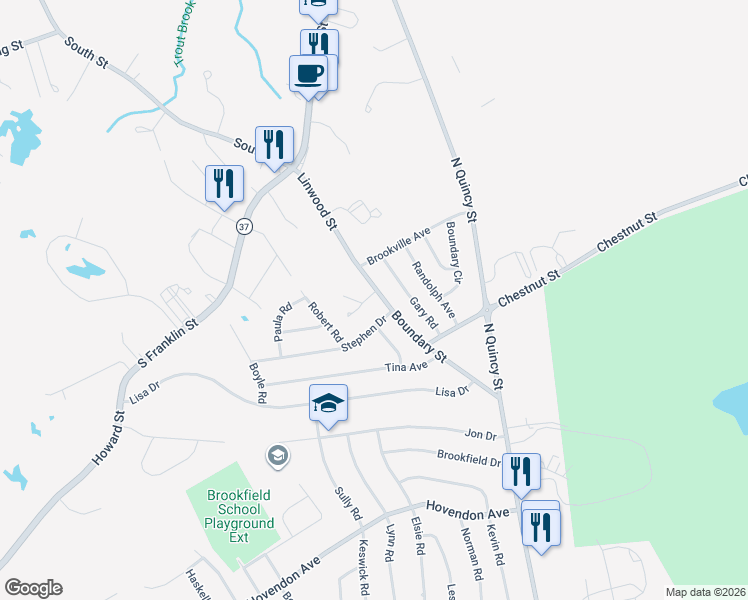 map of restaurants, bars, coffee shops, grocery stores, and more near 134 Stephen Drive in Brockton