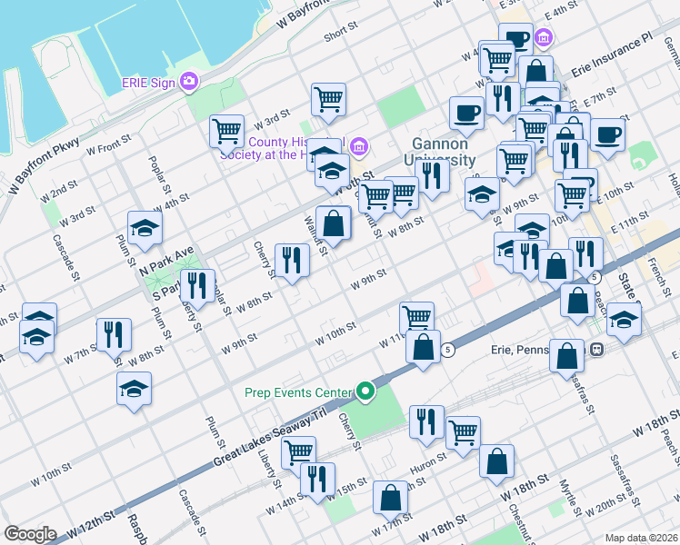 map of restaurants, bars, coffee shops, grocery stores, and more near 454 West 9th Street in Erie