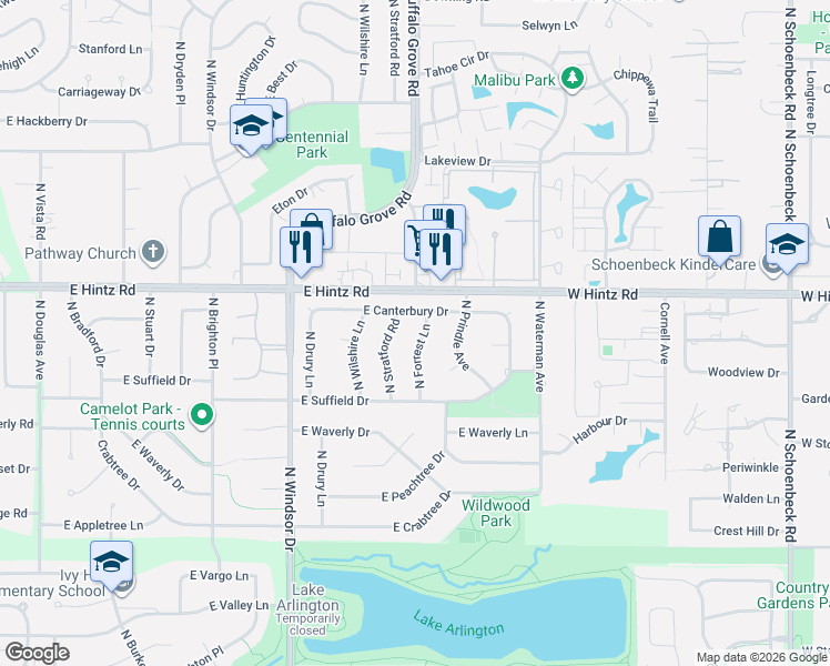 map of restaurants, bars, coffee shops, grocery stores, and more near 2638 North Forrest Lane in Arlington Heights