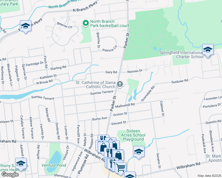 map of restaurants, bars, coffee shops, grocery stores, and more near 16 Sunrise Terrace in Springfield