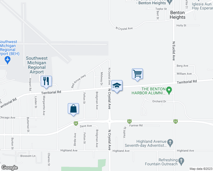 map of restaurants, bars, coffee shops, grocery stores, and more near 1655 Territorial Road in Benton Harbor