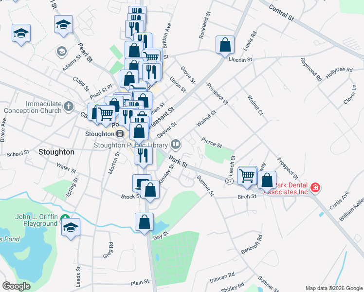 map of restaurants, bars, coffee shops, grocery stores, and more near 101 Walnut Street in Stoughton