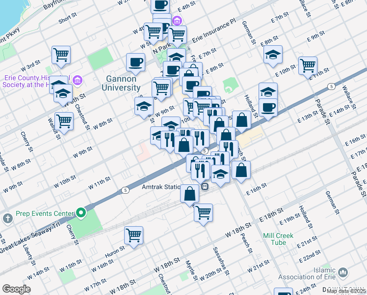 map of restaurants, bars, coffee shops, grocery stores, and more near in Erie