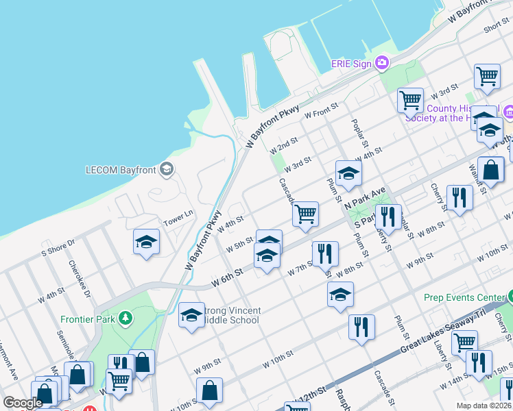map of restaurants, bars, coffee shops, grocery stores, and more near 1052 West 4th Street in Erie