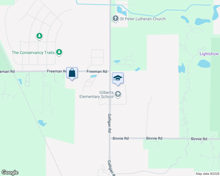 map of restaurants, bars, coffee shops, grocery stores, and more near Galligan Road in Gilberts