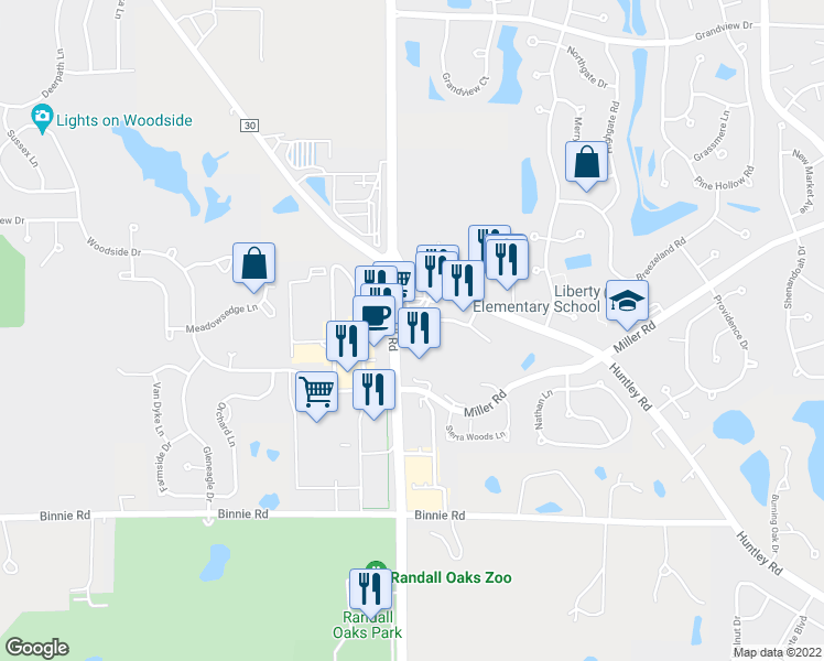 map of restaurants, bars, coffee shops, grocery stores, and more near 2253 Randall Road in Carpentersville