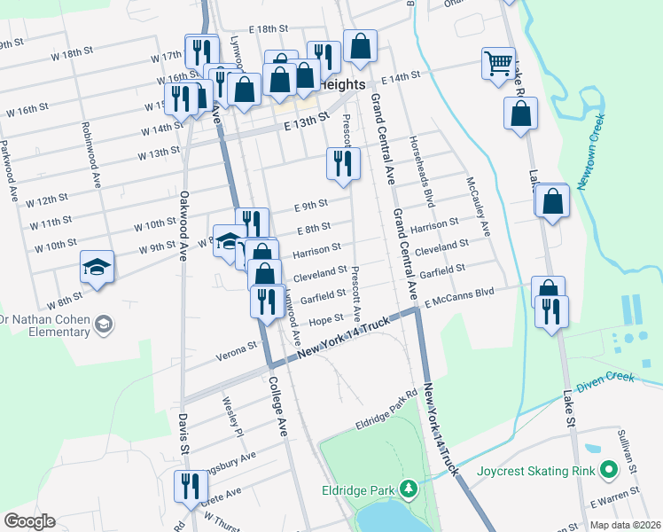 map of restaurants, bars, coffee shops, grocery stores, and more near 127 Prescott Avenue in Elmira