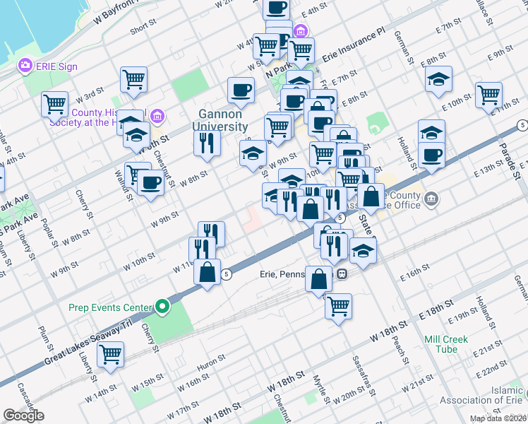 map of restaurants, bars, coffee shops, grocery stores, and more near 225 West 10th Street in Erie
