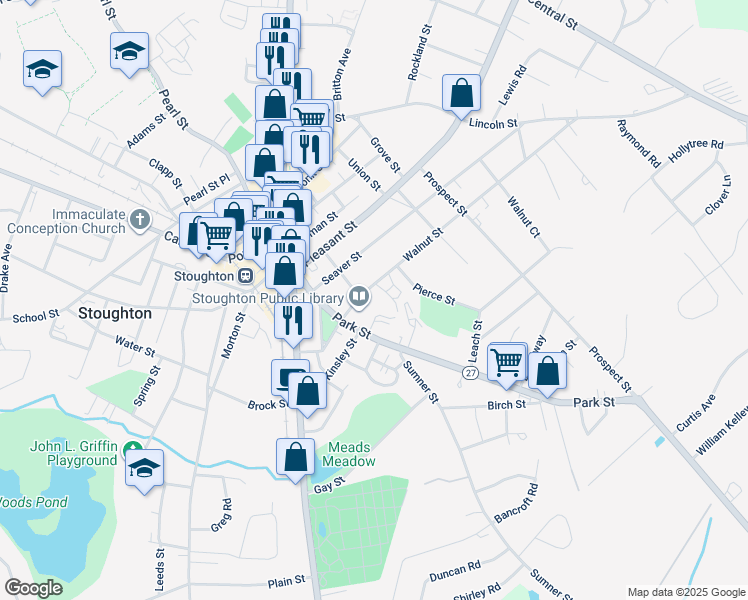 map of restaurants, bars, coffee shops, grocery stores, and more near 101 Walnut Street in Stoughton