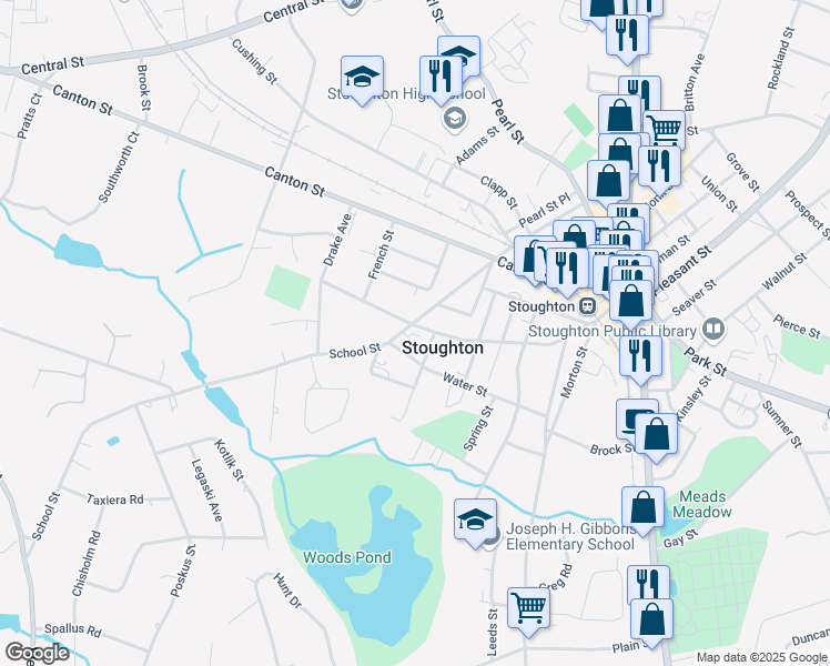 map of restaurants, bars, coffee shops, grocery stores, and more near 165 Water Street in Stoughton