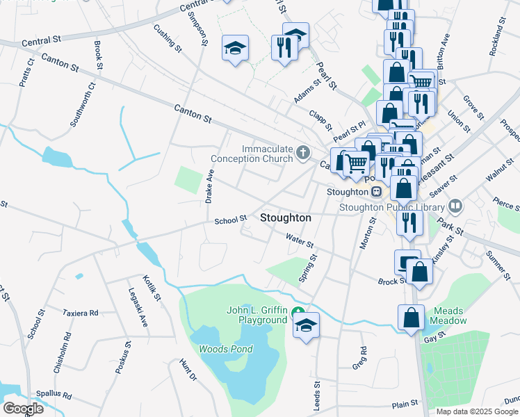 map of restaurants, bars, coffee shops, grocery stores, and more near 165 Water Street in Stoughton