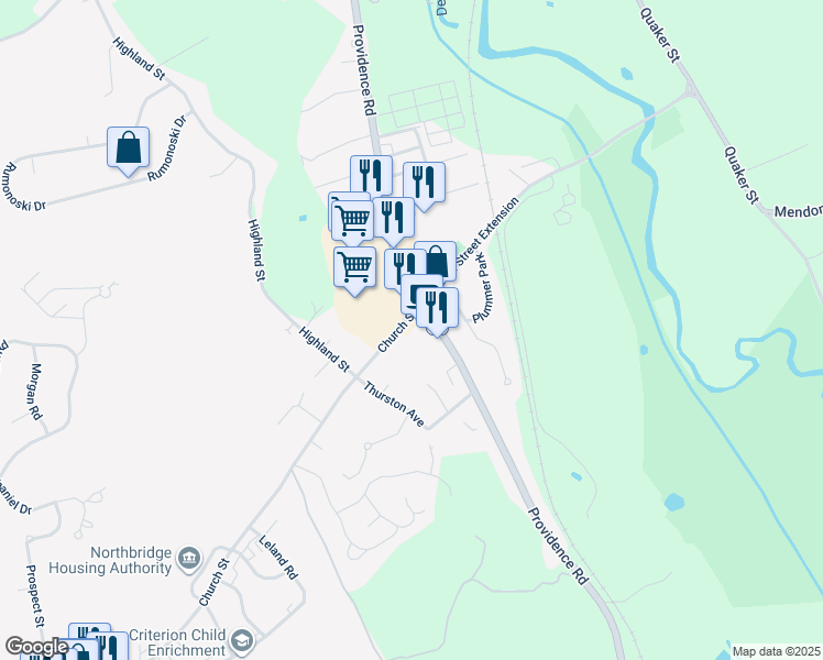 map of restaurants, bars, coffee shops, grocery stores, and more near 690 Church Street in Northbridge